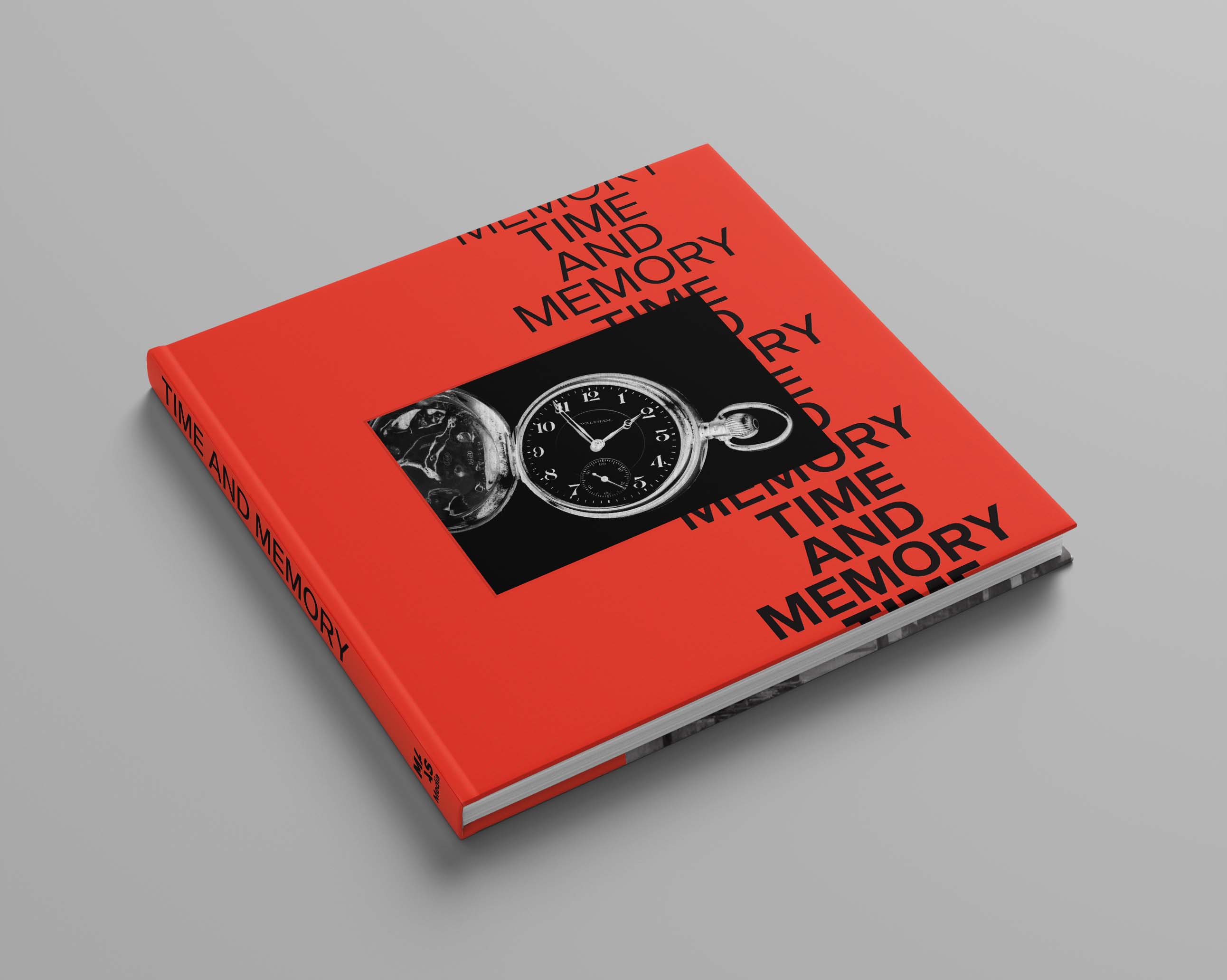 A square red book with the black words Time and Memory written on the front and a pocket watch image in the centre.